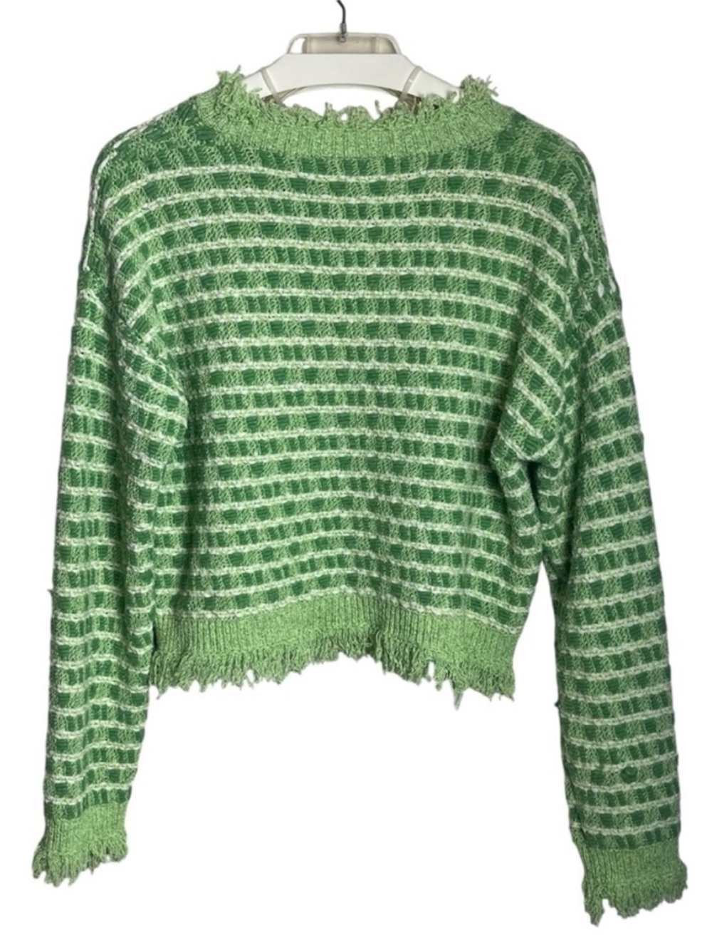 ZARA Green Striped Distressed Cropped Sweater Frayed Hem Knit Top - Picture 3 of 14